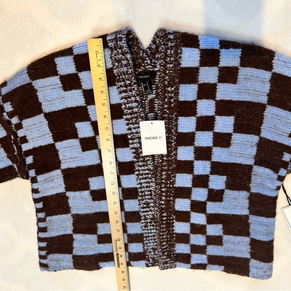 New Forever 21 Cardigan Blue Brown Oversized Checkered Plaid Open Front Size S - Picture 4 of 9